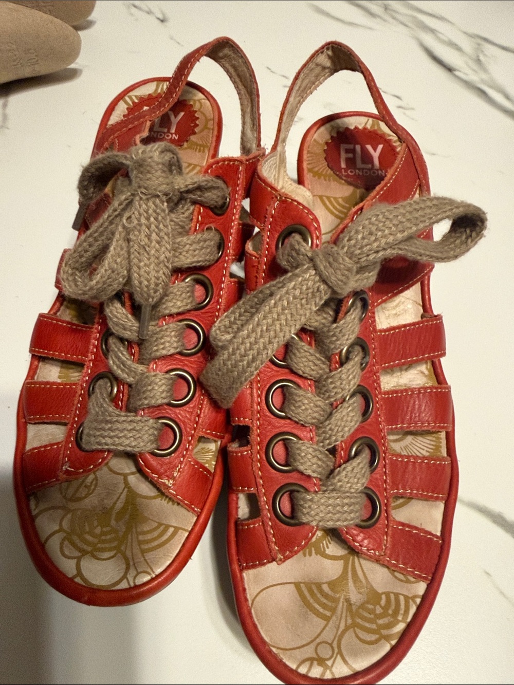 Fly London Red and Tan Lace-Up Sandals 9- 9-1/2